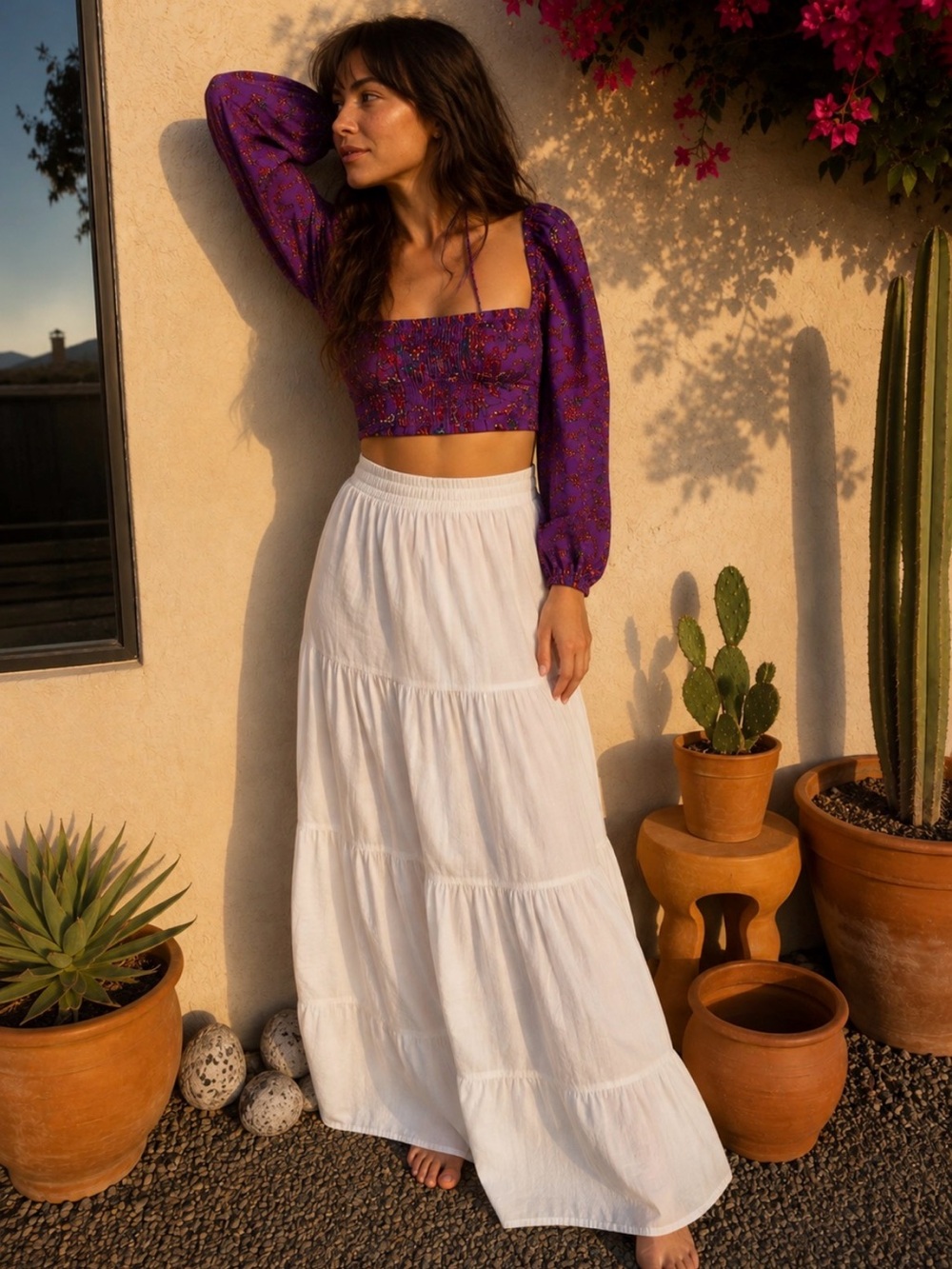 Urban Outfitters Purple and Pink Puff Sleeve Crop Blouse